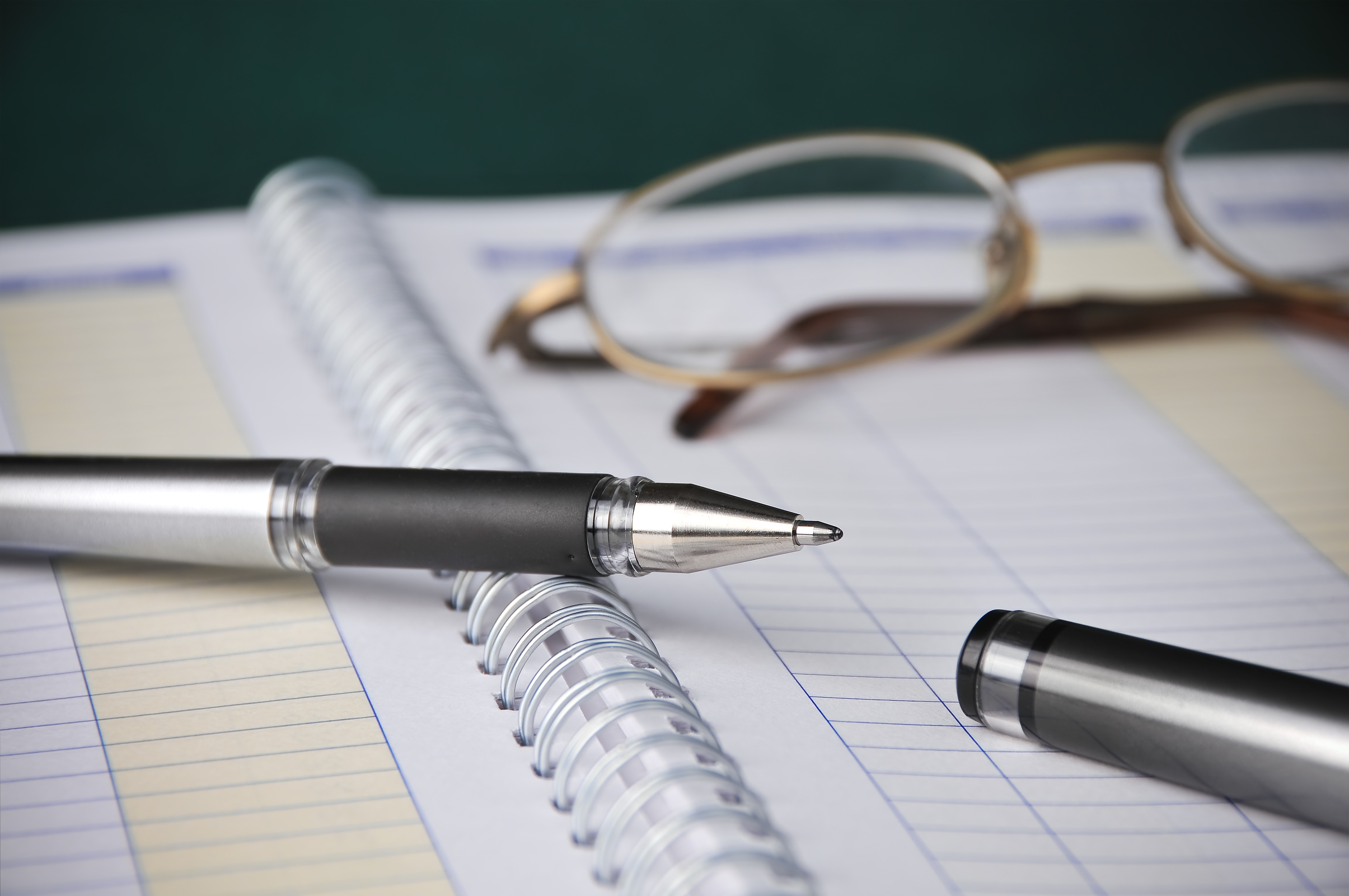 Business Books, Charts, Expenses, Bookkeeping, Pen w/ Glasses